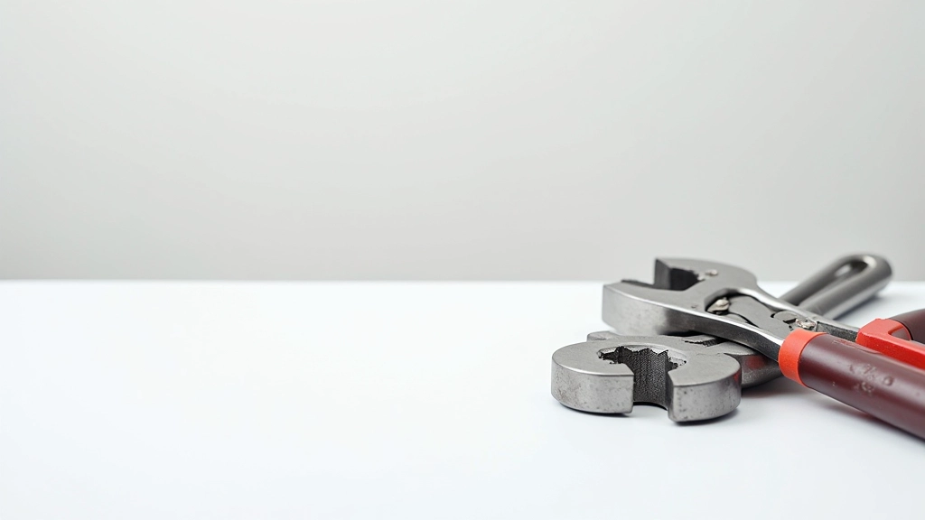 Maintenance and repair tools laid out including wrench, screwdriver, and plumbing tools on white surface