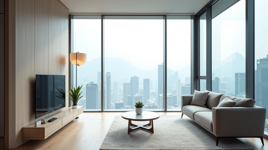 Hong Kong apartment interior showing living room with city skyline view through window and furniture