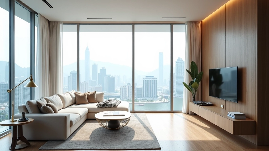 Modern apartment living room with city view through windows showing Hong Kong skyline