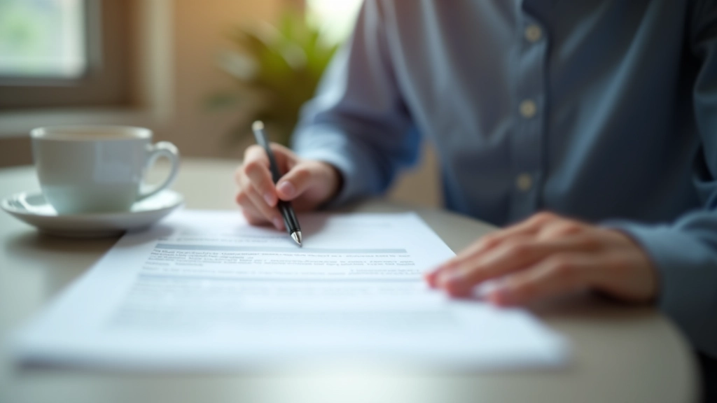 Person reviewing rental contract documents at wooden desk with pen and coffee cup