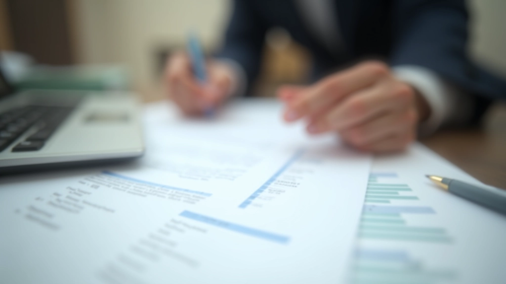 Close-up of property documents, calculator, and notes spread across table with financial charts