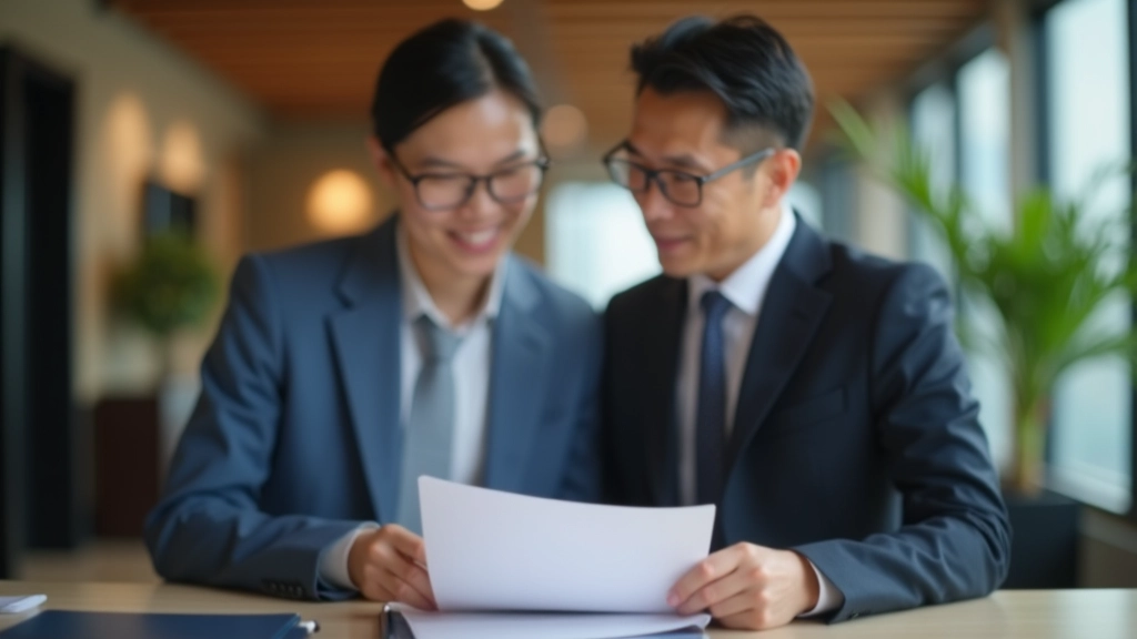 Real estate agent and client reviewing property documents and contract at office desk