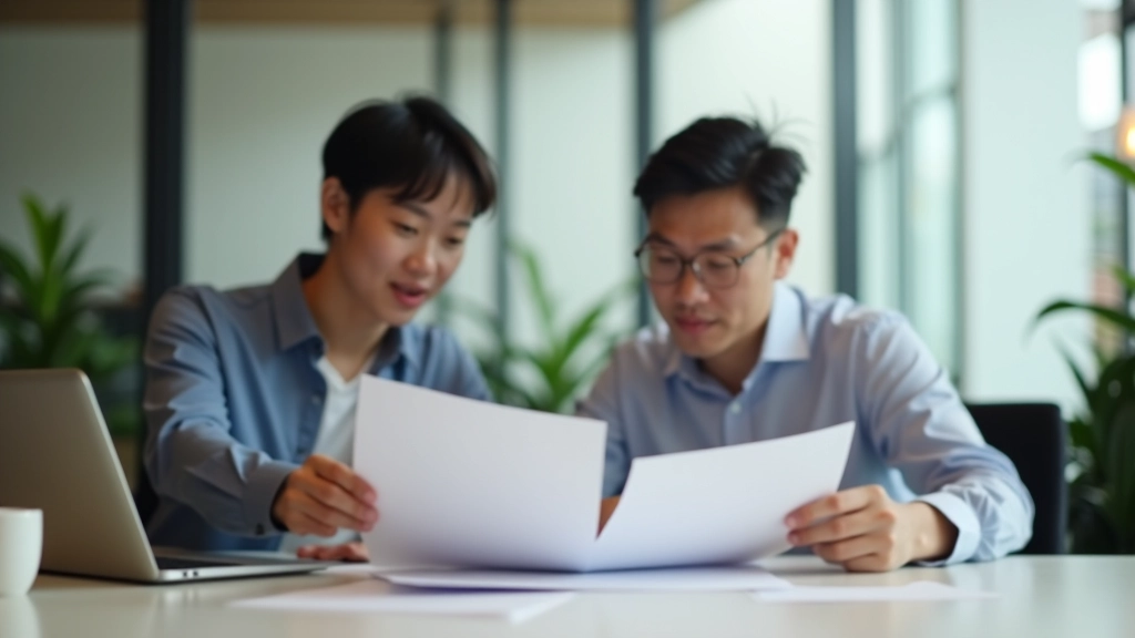 Two people in business casual clothing reviewing documents at table with laptop and coffee cups